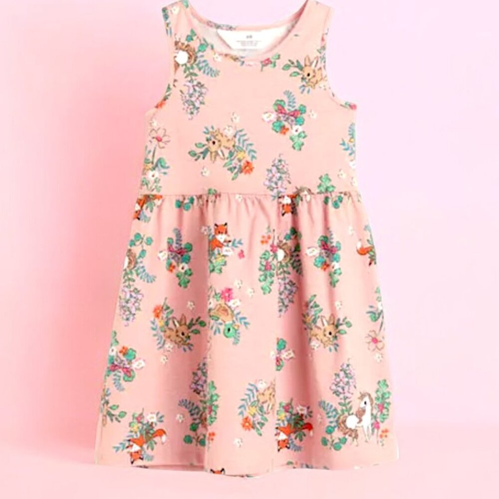 H&M Soft Pink Forest Sleeveless dress 100% Cotton Airy & sting free  NWT